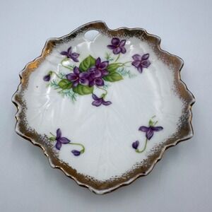Vintage Japanese Hand Painted Porcelain Leaf Small Dish Purple Floral 4"